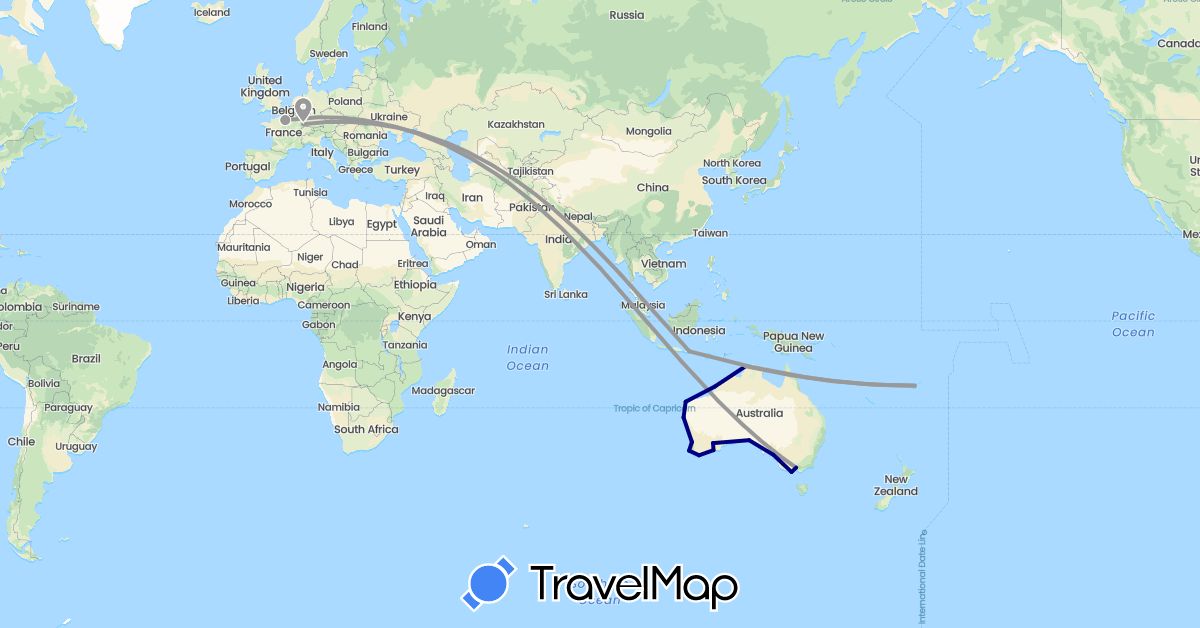 TravelMap itinerary: driving, plane in Australia, Fiji, France, Indonesia (Asia, Europe, Oceania)